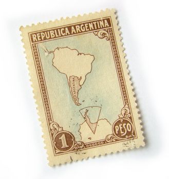 Old postage stamp from Argentina on white background.                