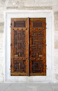 Closeup of ancient wooden doors. Istanbul, Blue Mosque