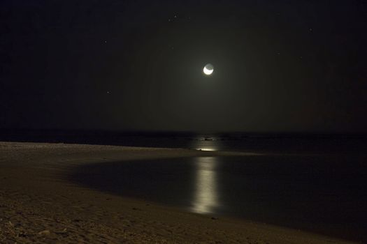 Moonlit beach at night, the moonlight dimly lighting the bay
