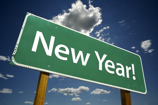 New Year Road Sign with dramatic clouds and sky.
