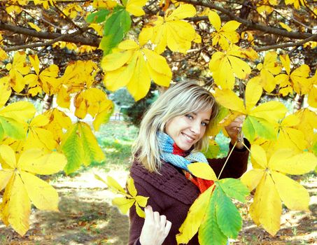 smiling girl under autumn yellow chestnut tree