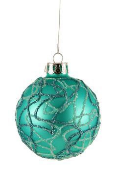 A single isolated aqua striped Christmas bauble hanging.
