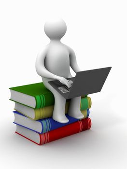 student with the laptop sitting on books. 3D image.