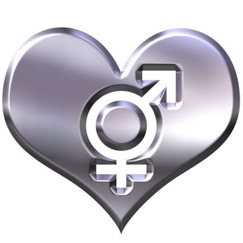 3d silver heart with combined gender signs isolated in white