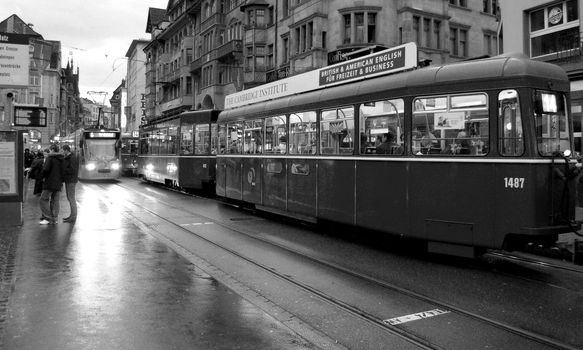 Rush hours by trams in  Basel.