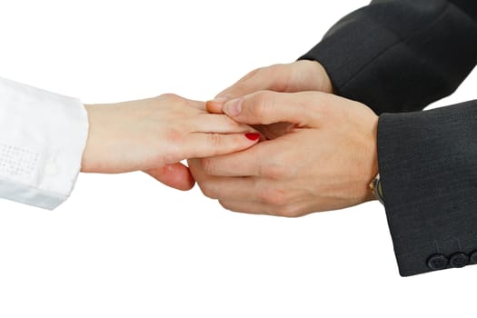 Women's hand in the men's hands, isolated on a white background
