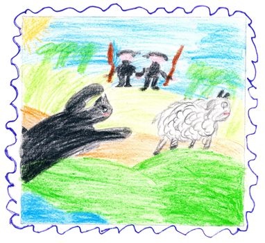 Child's drawing - the beast catches the sheep. The hunters rush to help.