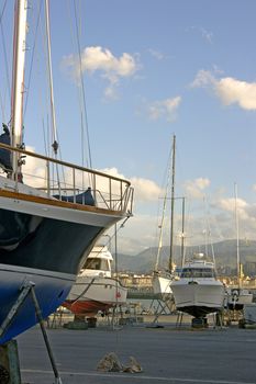 boats resting in the dry dock summer marina