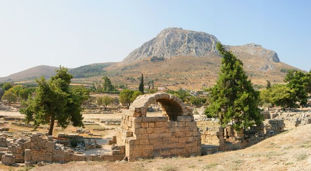 ancient ruins of the old greek city of corinth in the peloponese