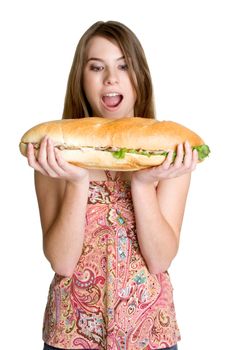 Isolated girl eating large sandwich