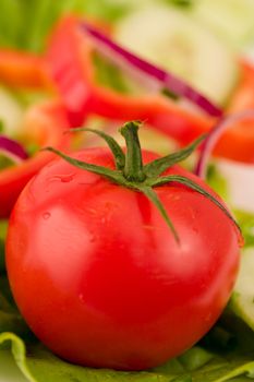 closeup of a tomato on a bed of salad