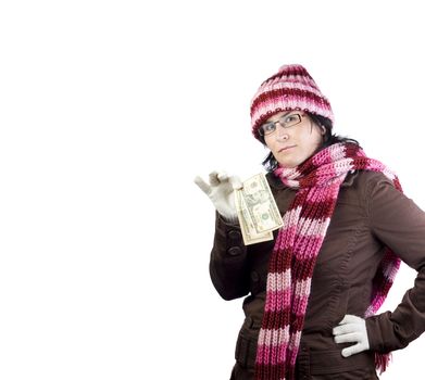 adult christmas woman thinking in what to buy holding a dollar note