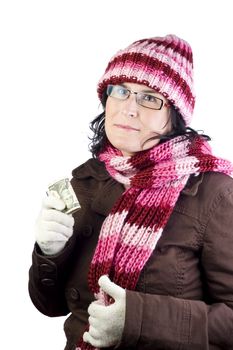 adult christmas woman thinking in what to buy holding a dollar note