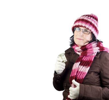 adult christmas woman thinking in what to buy holding a dollar note