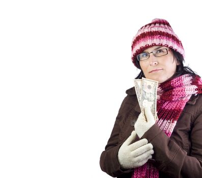 adult christmas woman thinking in what to buy holding a dollar note