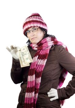 adult christmas woman thinking in what to buy holding a dollar note