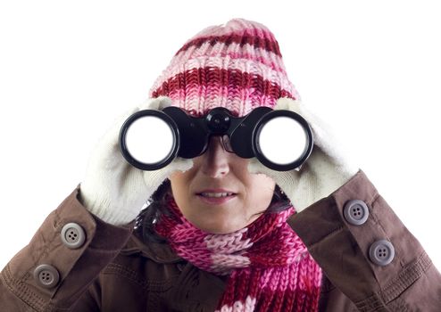 christmas woman holding and looking through binoculars