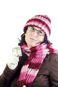 adult christmas woman thinking in what to buy holding a dollar note