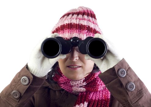 christmas woman holding and looking through binoculars