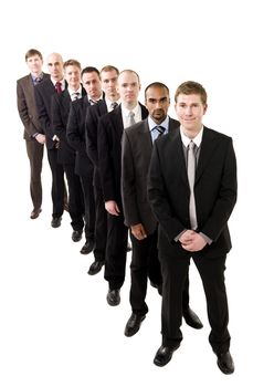 Businessmen on a line isolated on white background