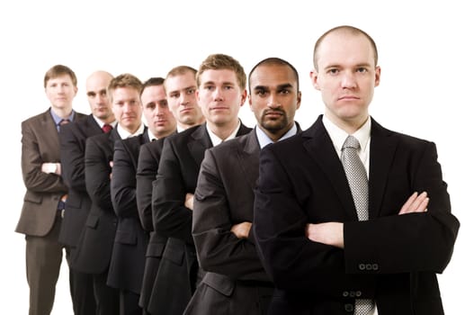 Businessmen on a line isolated on white background