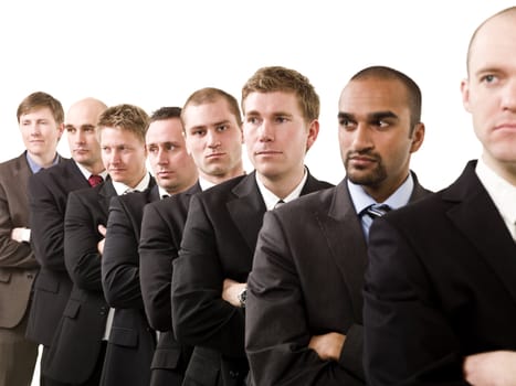 Businessmen on a line isolated on white background