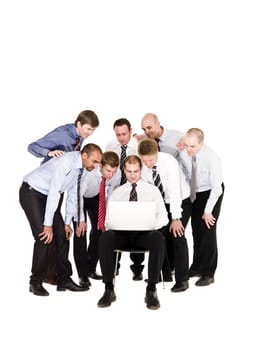 Group of businessmen in front of a laptop isolated on white background