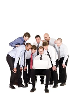 Group of businessmen in front of a laptop isolated on white background