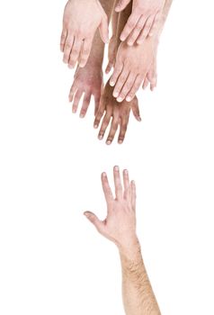 Hand reaching out for help isolated on white background