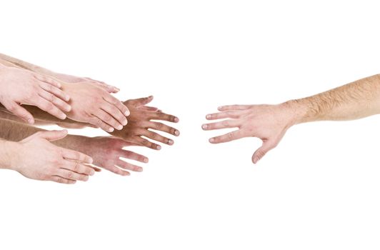 Hand reaching out for help isolated on white background