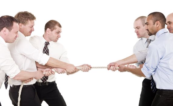 Businessmen in a tug-of-war isolated on white background