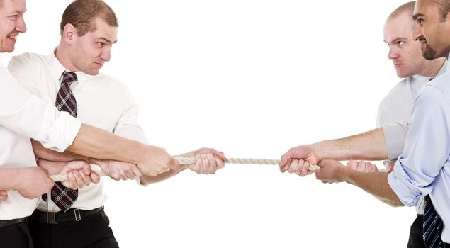 Tug-of-war with businessmen isolated on white background