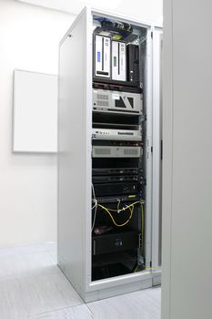 Rack with network equipment in technology telehouse room