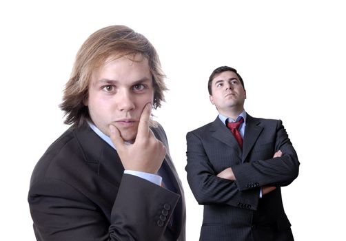 two young business men portrait on white. focus on the man of the right