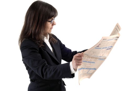 business woman reading the finance newspaper, isolated on white