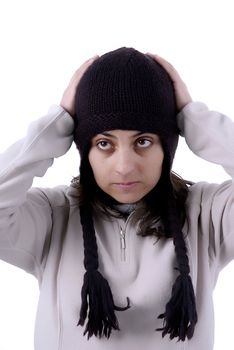 Young woman portrait standing in a white background