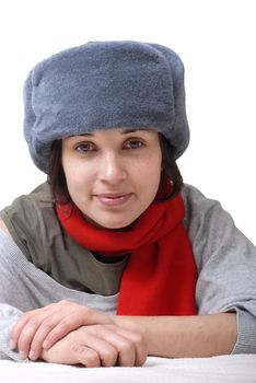 young girl portrait with hat isolated on white