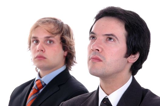 two young business men portrait on white. focus on the man of the right