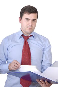 young business man reading a book on white