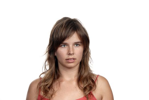 beautiful young woman posing in white background