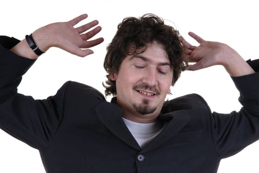 young man with closed eyes in white background