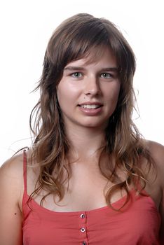 beautiful young woman posing in white background