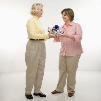 Caucasian senior woman and middle aged woman exchanging a gift.