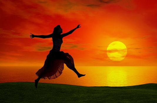 Silhouette of a woman jumping at the sunset 