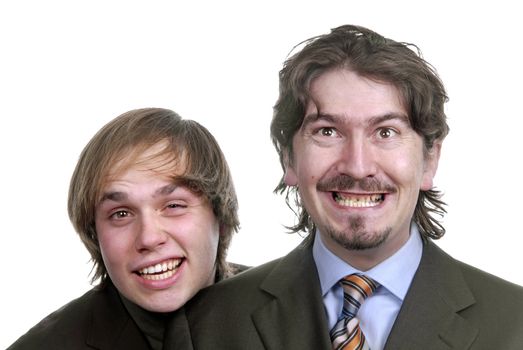 two silly young business men portrait on white