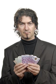 young business man with money over white background