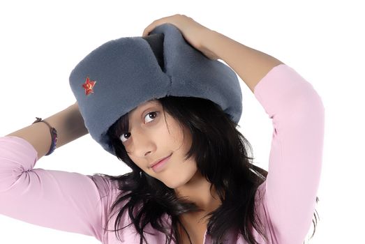 young girl with a russian hat portrait