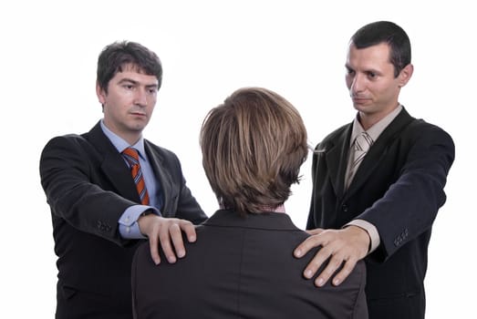 three business man isolated on white background, focus on the center man