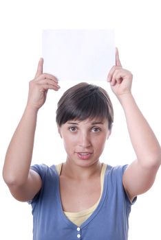 Young girl holding a card in the top of the head