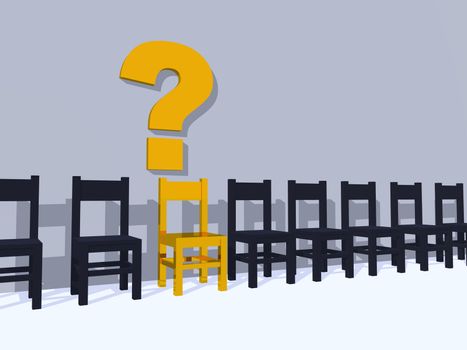 row of chairs, one in yellow and question mark - 3d illustration